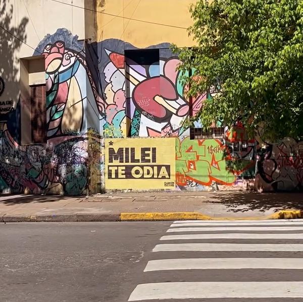 Vista callejera de intervención milei te odia