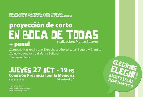 Volante de invitación a la proyección del corto "En Boca de Todas" en el marco de la acción federal "Elegimos Elegir"