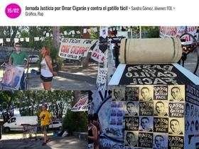 Collagge de 4 imágenes: imagen 1 Sandra Gomez, mamá de Omar Cigarán hablando en el micrófono acompañada de otra persona con banderas de Omar al fondo. imagen 2, prensa de xilografía con el taco de impresión que dice "basta de gatillo facil". imagen 3 una persona cantando en el micrófono con bandera de omar y afiches de papel colgados como fondo. imagen 4 pegatina de xilografía en una pared, con modelo de tablero de ajedrez que intercala afiches de fondo amarillo con la cara de Omar y afiches de fondo blanco con la inscripción Basta de gatillo fácil.