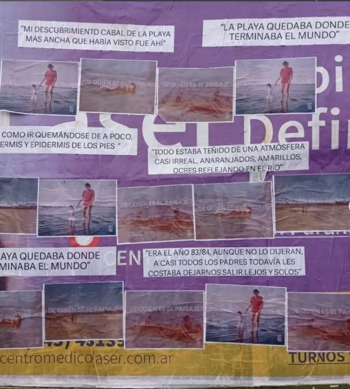 Sobre un espacio de publicidad en la vía publica se observan fotografías antiguas de archivos familiares sobre la Playa Pública Los Arenales. Sobre ello se ven relatos de gente que recuerda sus días en la playa