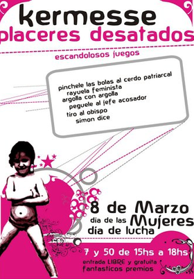Volante invitación a la Kermesse de los placeres desatados. Colores fucsia y blanco, una niña como única figura humana.