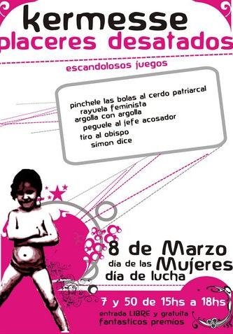 Volante invitación a la Kermesse de los placeres desatados. Colores fucsia y blanco, una niña como única figura humana.