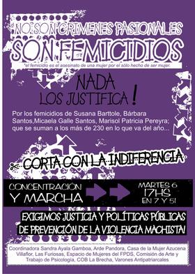 Volante convocando a la manifestación "Todos femicidios" del 6 de diciembre de 2011. Letras blancas y negras sobre fondo violeta. El volante define al femicidio, señala que esta manifestación se realiza en el marco de un cuádruple femicidio ocurrido días atrás en la ciudad de La Plata.