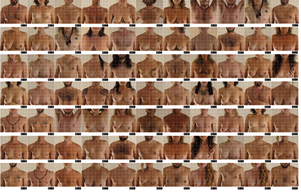 Grilla de fotografías de torsos sacadas en el estudio fotográfico. Las imágenes están atravesadas por cuadriculas blancas, remitiendo a la técnica de dibujo con cuadricula
