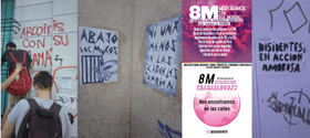 Vemos fotos de algunos de los afiches, el stencil y 2 de los afiches que lanzamos: uno propio de la organización y otro de la Multisectorial
