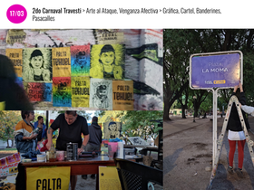Intervención de la señalética municipal: colocación de vinilo en el cartel de la Plaza la Moma, utilizando el mismo diseño (colores, tipografías y logos) que el institucional estatal que nombra a la Plaza de otra manera).  Mesa gráfica de xilografía y pegatina.