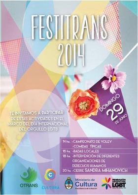 Volante de invitación al FestiTrans 2014. Convocado por OTRANS, Ministerio de Cultura de la Nación y FALGBT