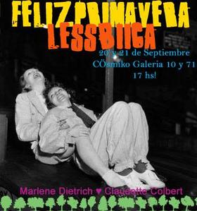 Volante de invitación a la primavera lésbica de 2013. En la imagen marlene dietrich y claudette colbert,  de camisa abrazadas